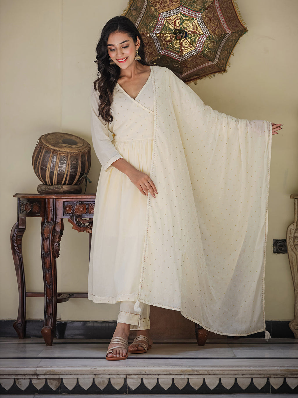 Kaajh Women's Ivory Embroidered Angrakha Kurta Set With Trouser And Dupatta