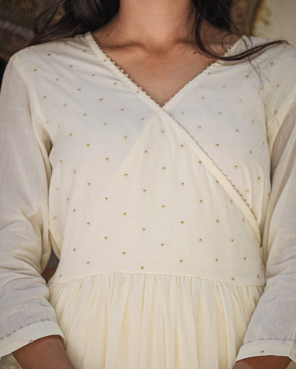 Kaajh Women's Ivory Embroidered Angrakha Kurta Set With Trouser And Dupatta