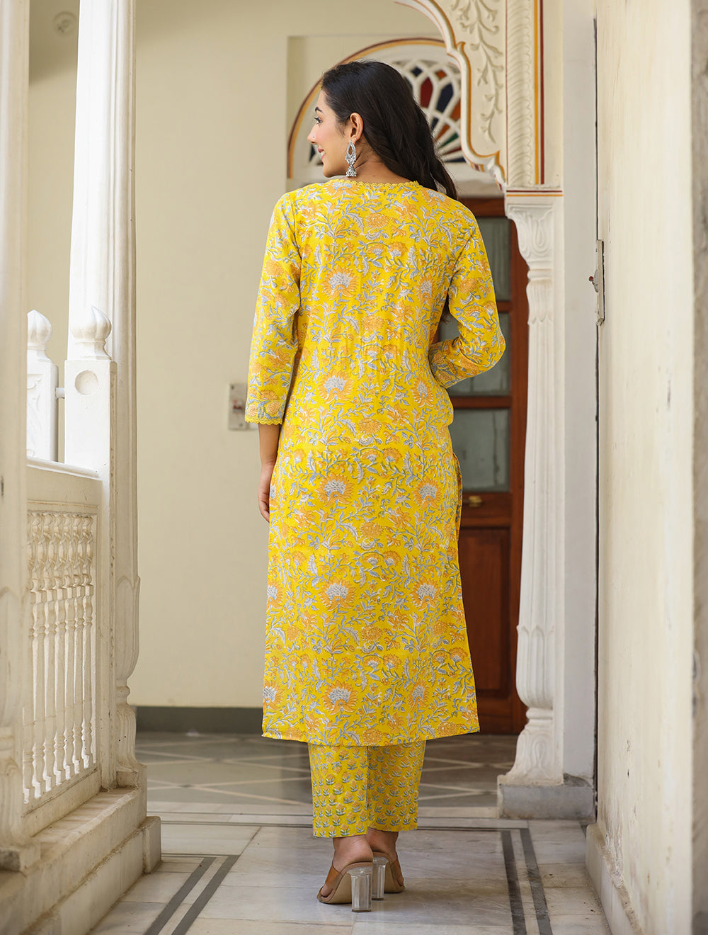 Kaajh Women's Sun Flower Yellow Handblock Cotton Kurta Set With Trouser And Dupatta