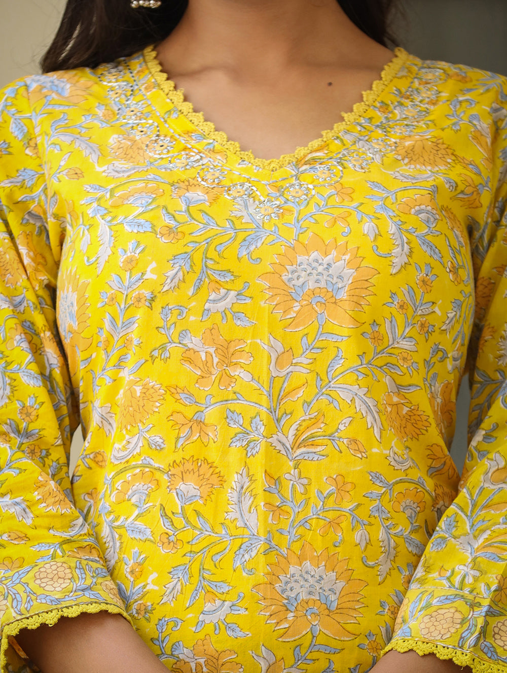Kaajh Women's Sun Flower Yellow Handblock Cotton Kurta Set With Trouser And Dupatta