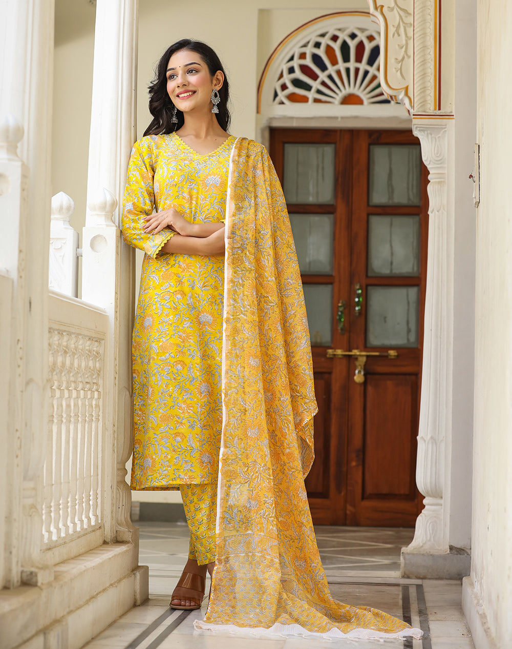 Kaajh Women's Sun Flower Yellow Handblock Cotton Kurta Set With Trouser And Dupatta