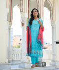 Kaajh Women's Sky Blue Printed Chanderi Kurta Pant Set With Dupatta