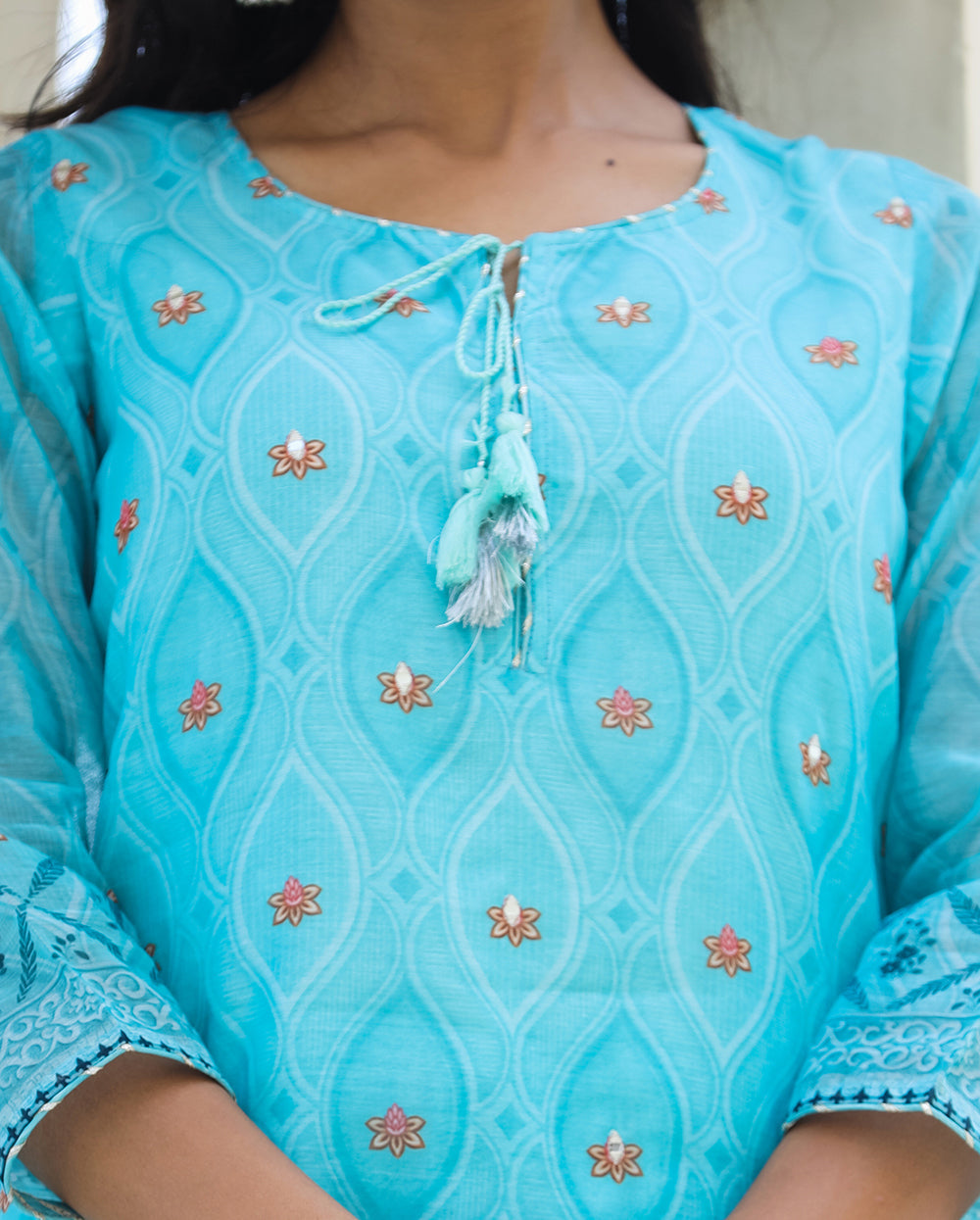 Kaajh Women's Sky Blue Printed Chanderi Kurta Pant Set With Dupatta