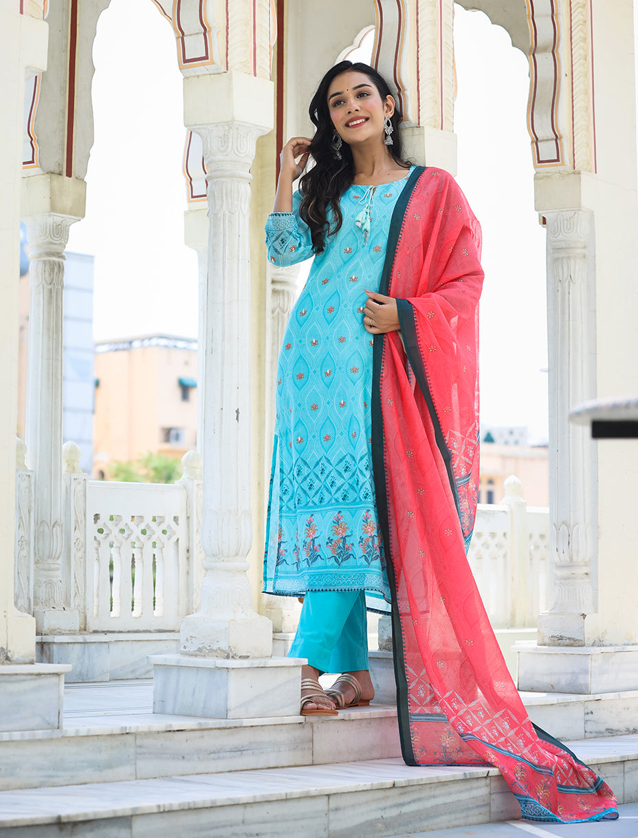 Kaajh Women's Sky Blue Printed Chanderi Kurta Pant Set With Dupatta