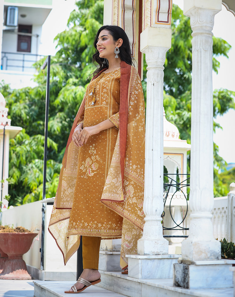 Kaajh Women's Mustard Festive Chanderi Print Kurta Set With Trouser And Dupatta
