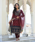 Kaajh Women's Maroon Festive Chanderi Kurta Set With Pant And Dupatta