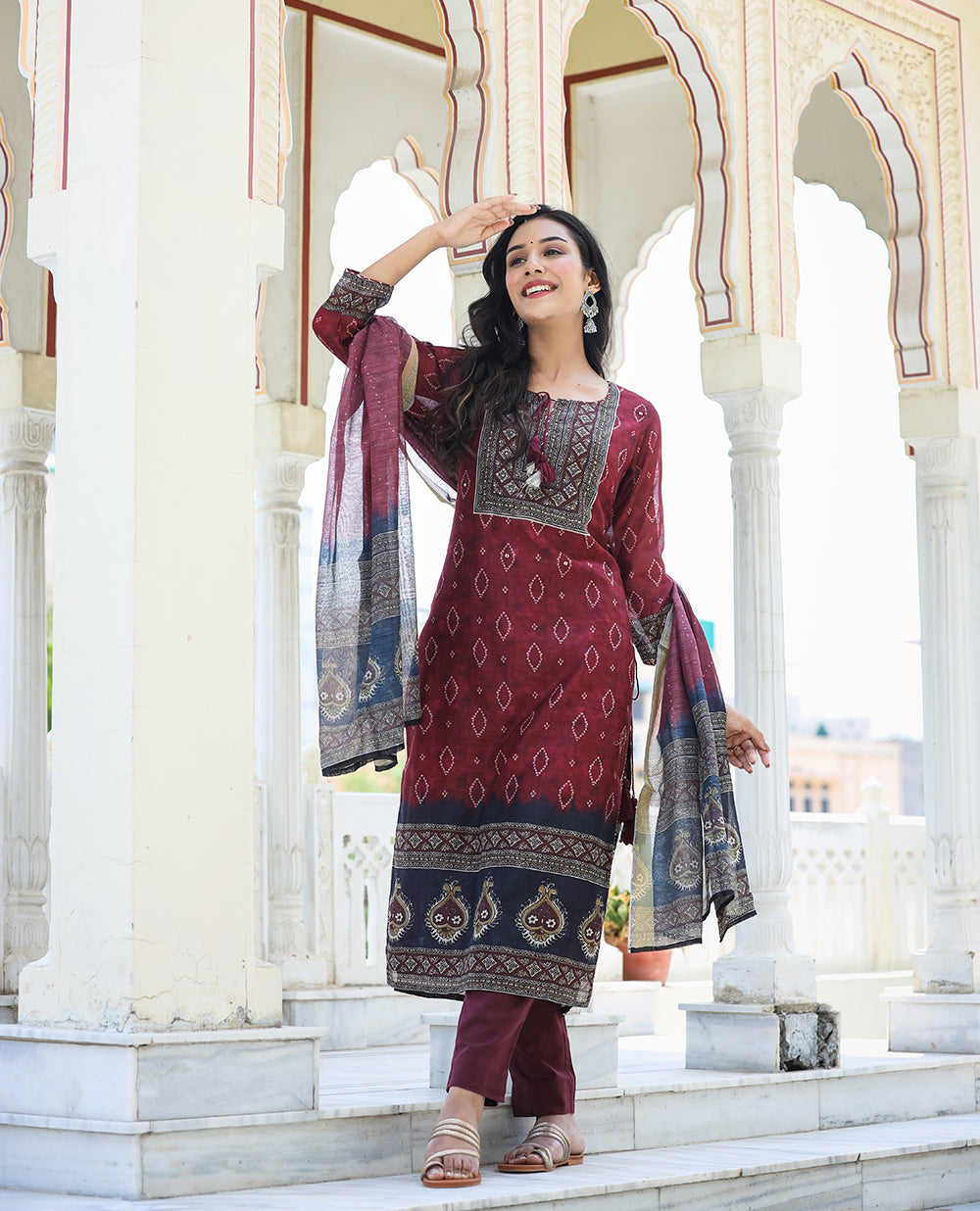 Kaajh Women's Maroon Festive Chanderi Kurta Set With Pant And Dupatta