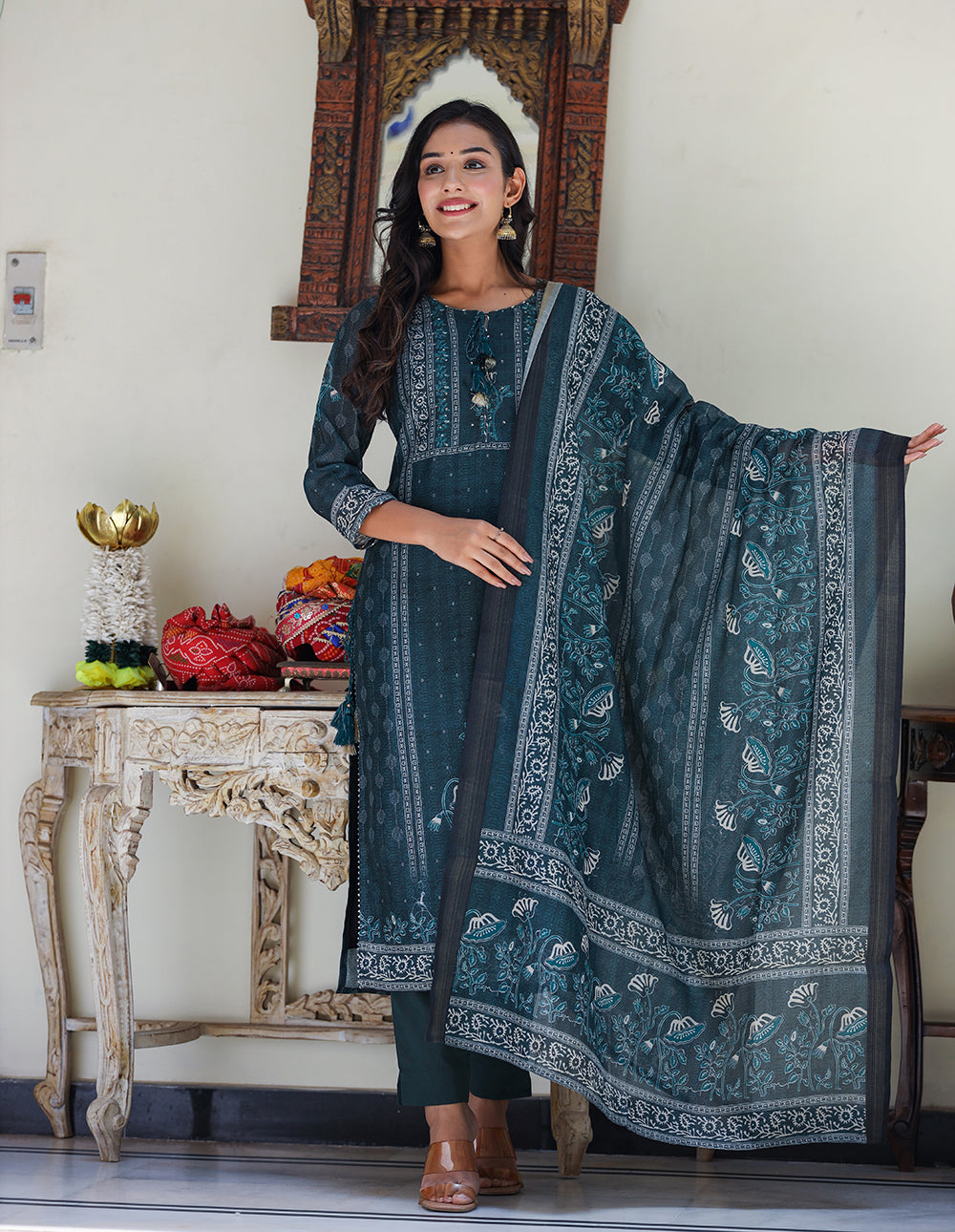 Kaajh Women's Royal Blue Chanderi Kurta Set With Pant And Dupatta