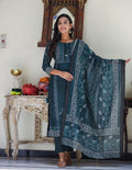 Kaajh Women's Royal Blue Chanderi Kurta Set With Pant And Dupatta
