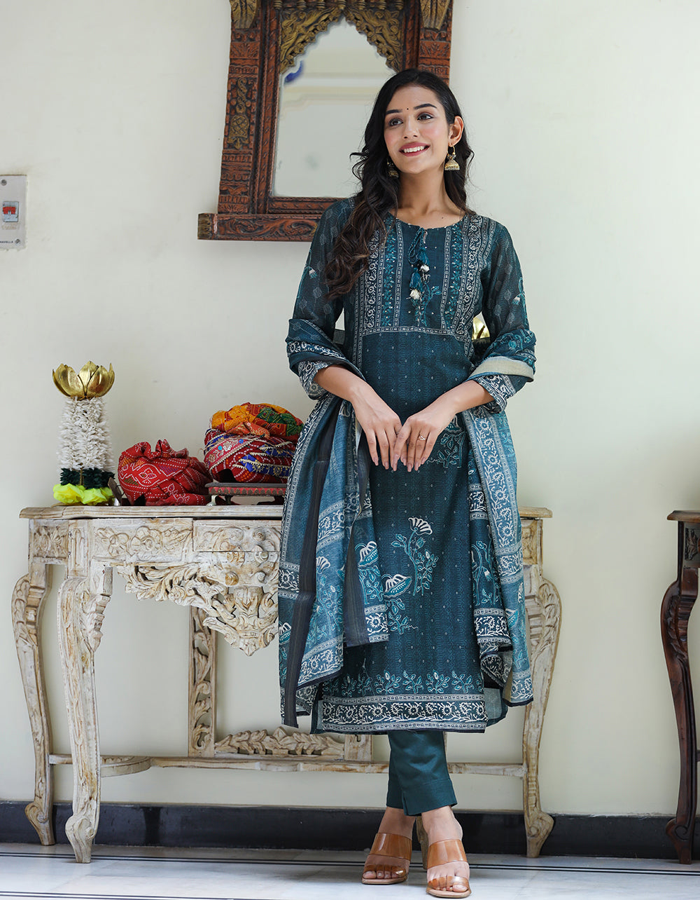 Kaajh Women's Royal Blue Chanderi Kurta Set With Pant And Dupatta