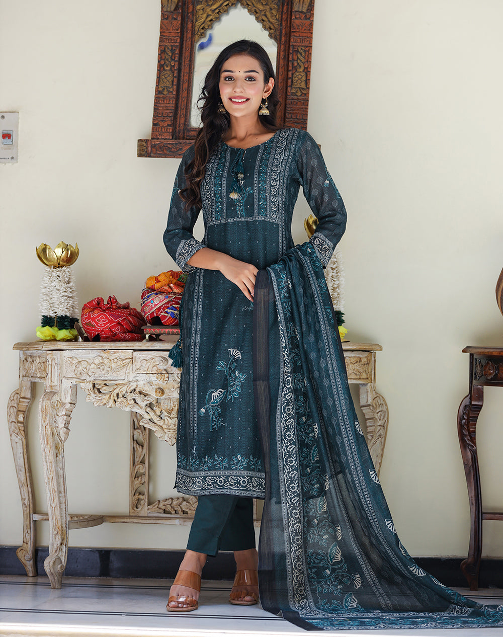 Kaajh Women's Royal Blue Chanderi Kurta Set With Pant And Dupatta