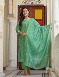 Kaajh Women's Green Printed Chanderi Kurta Set With Pant And Dupatta