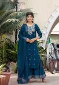 Kaajh Women's Blue Modal Silk Embroidered Kurta Sharara Set With Dupatta