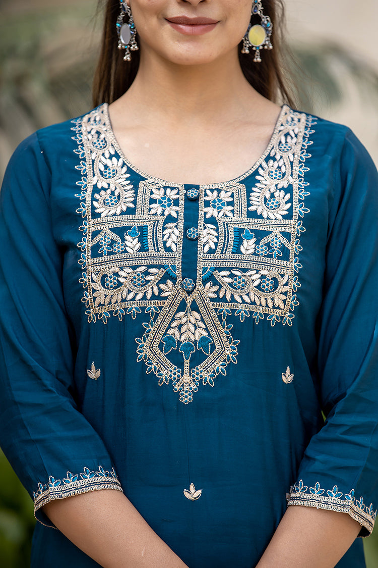 Kaajh Women's Blue Modal Silk Embroidered Kurta Sharara Set With Dupatta