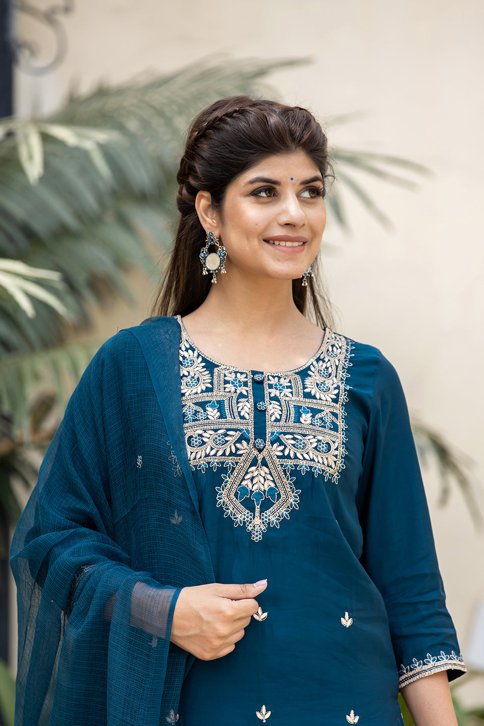 Kaajh Women's Blue Modal Silk Embroidered Kurta Sharara Set With Dupatta