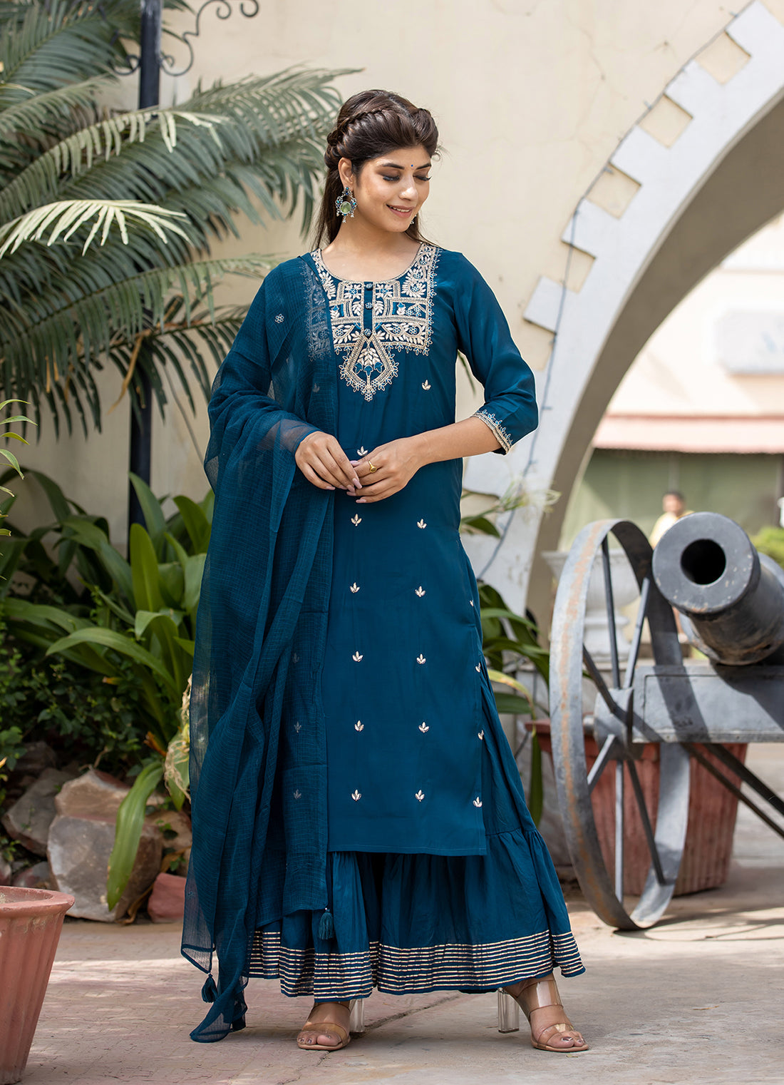 Kaajh Women's Blue Modal Silk Embroidered Kurta Sharara Set With Dupatta