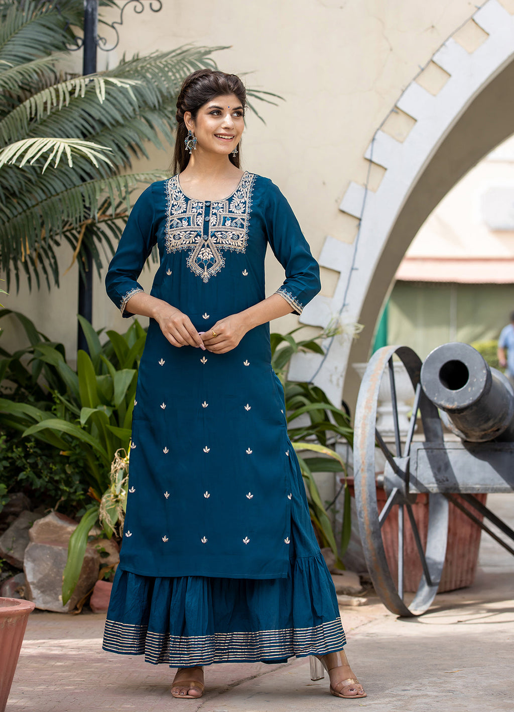 Kaajh Women's Blue Modal Silk Embroidered Kurta Sharara Set With Dupatta