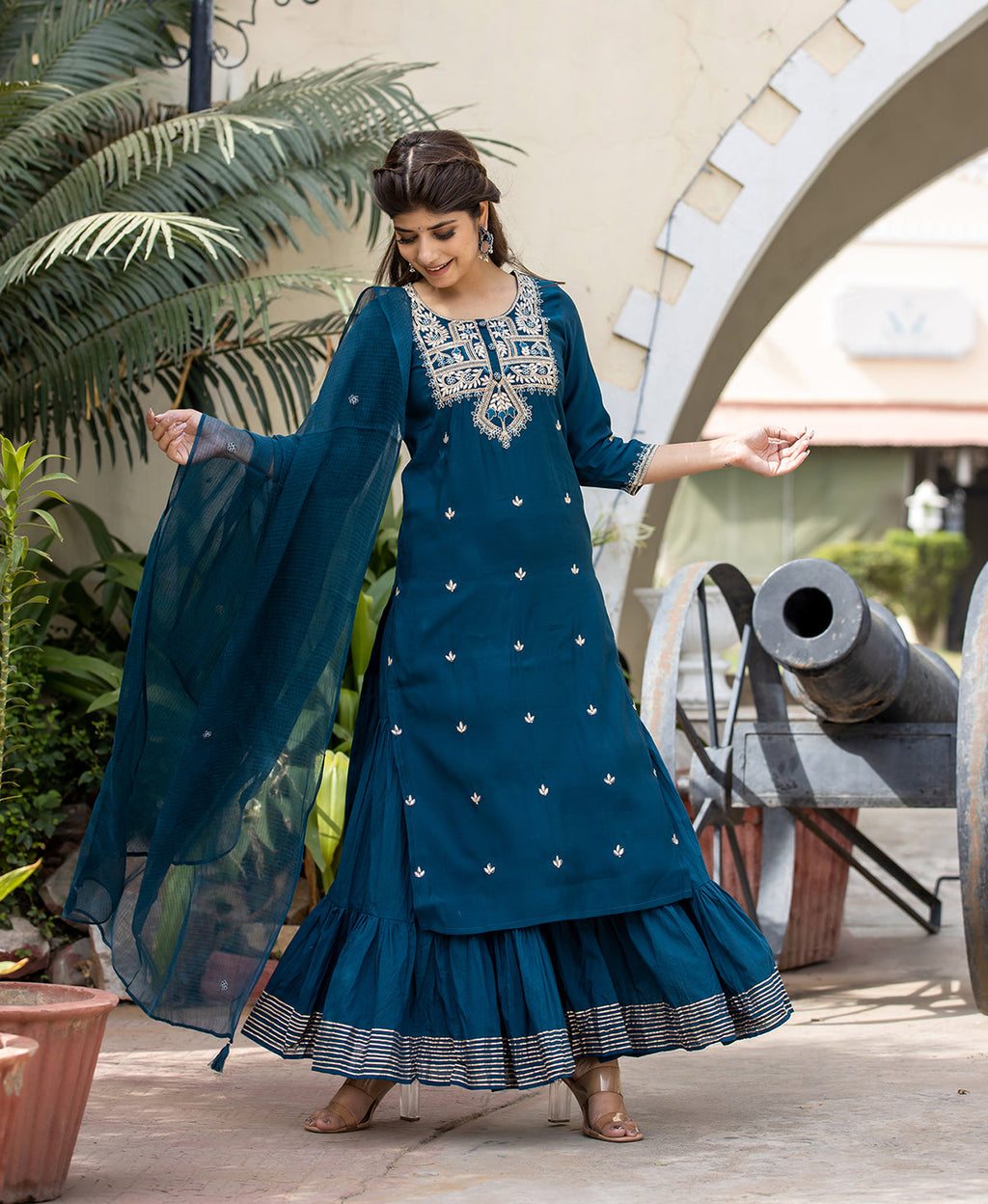Kaajh Women's Blue Modal Silk Embroidered Kurta Sharara Set With Dupatta