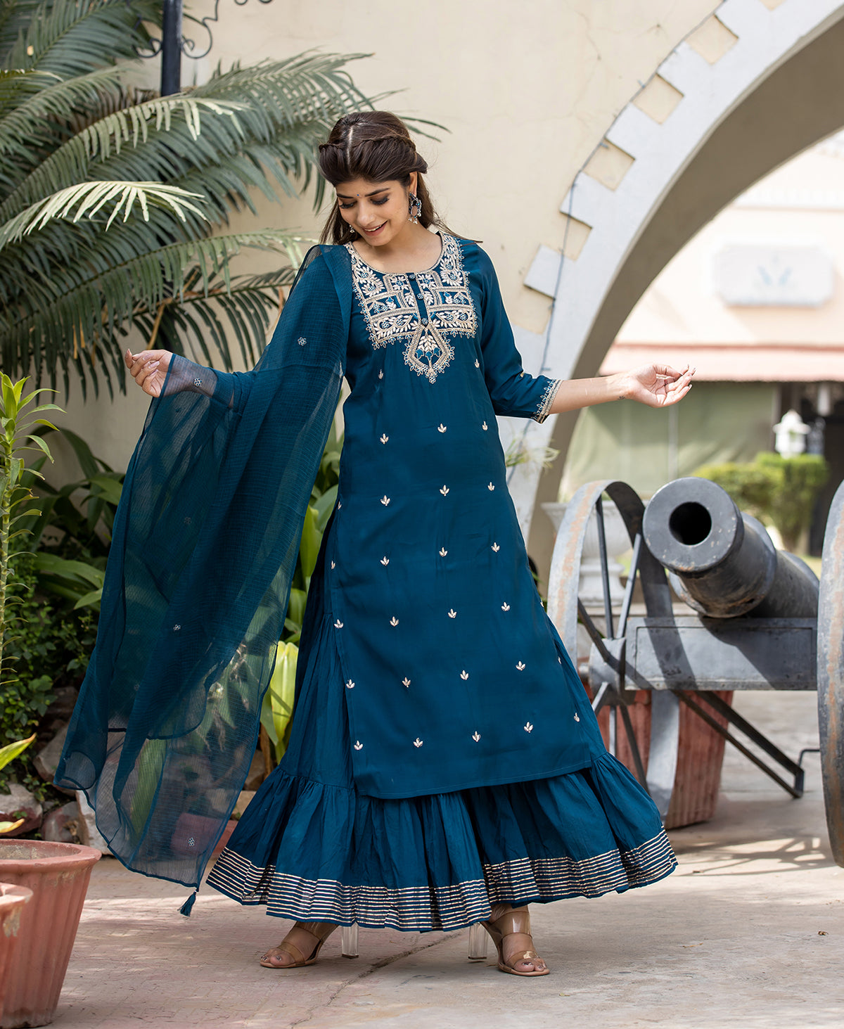 Kaajh Women's Blue Modal Silk Embroidered Kurta Sharara Set With Dupatta
