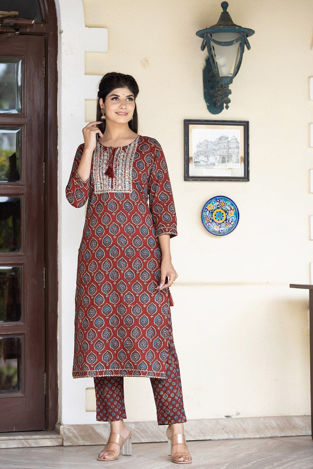 Kaajh Women's Red Ajrak Print Cotton Kurta Pant Set