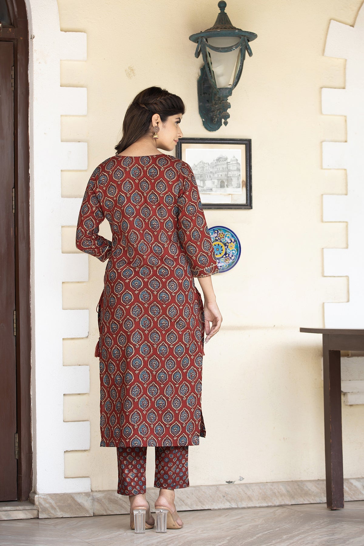 Kaajh Women's Red Ajrak Print Cotton Kurta Pant Set