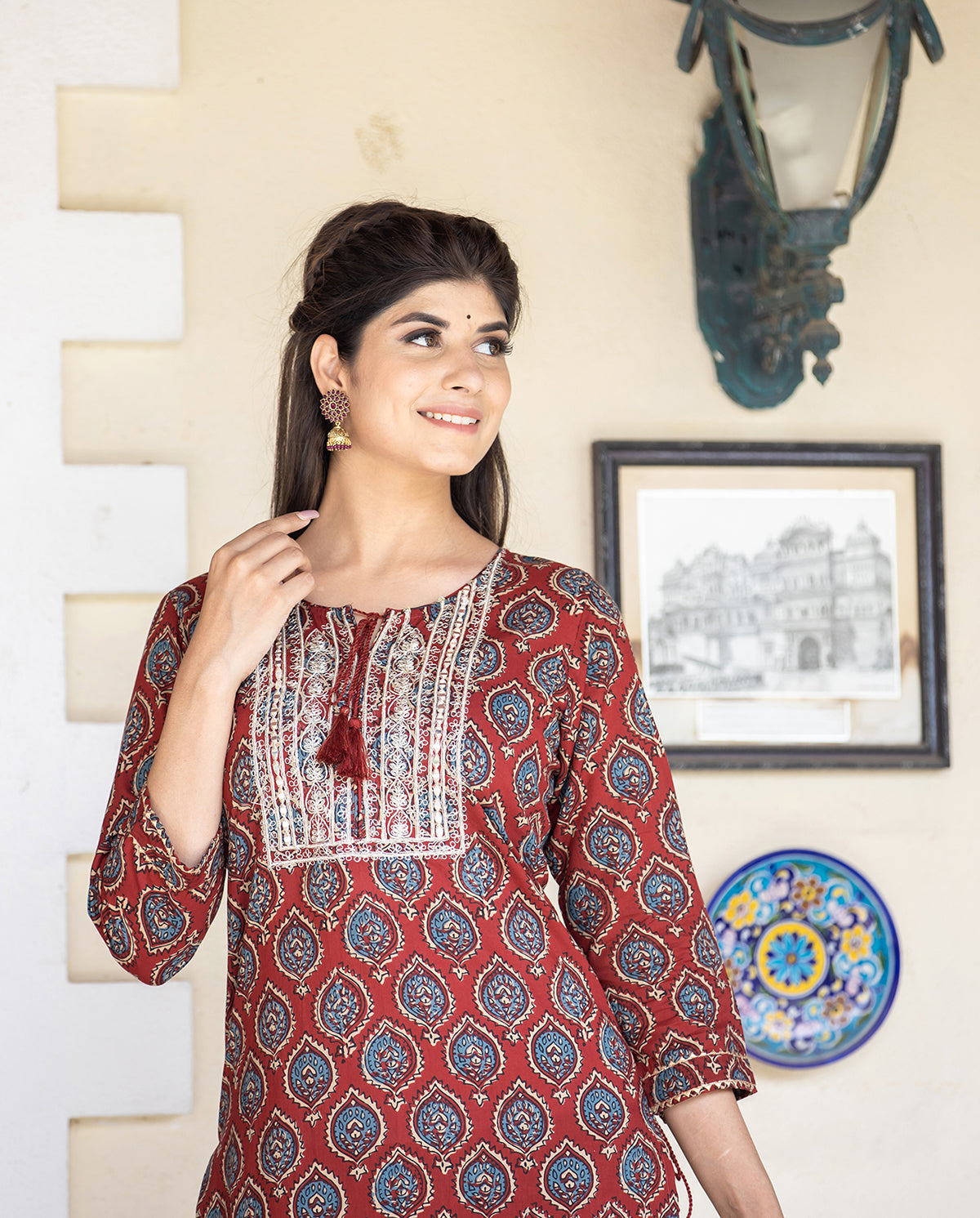Kaajh Women's Red Ajrak Print Cotton Kurta Pant Set