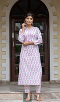 Kaajh Women's White Purple Ethnic Printed Cotton Kurta Pant Set