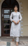 Kaajh Women's White Sea Green Printed Cotton Casual Kurta Pant Set