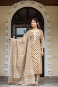 Kaajh Women's Coffee Brown Floral Printed Cotton Kurta Pant Dupatta Set