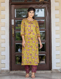 Kaajh Women's Yellow Purple Cotton Kurta Pant Set