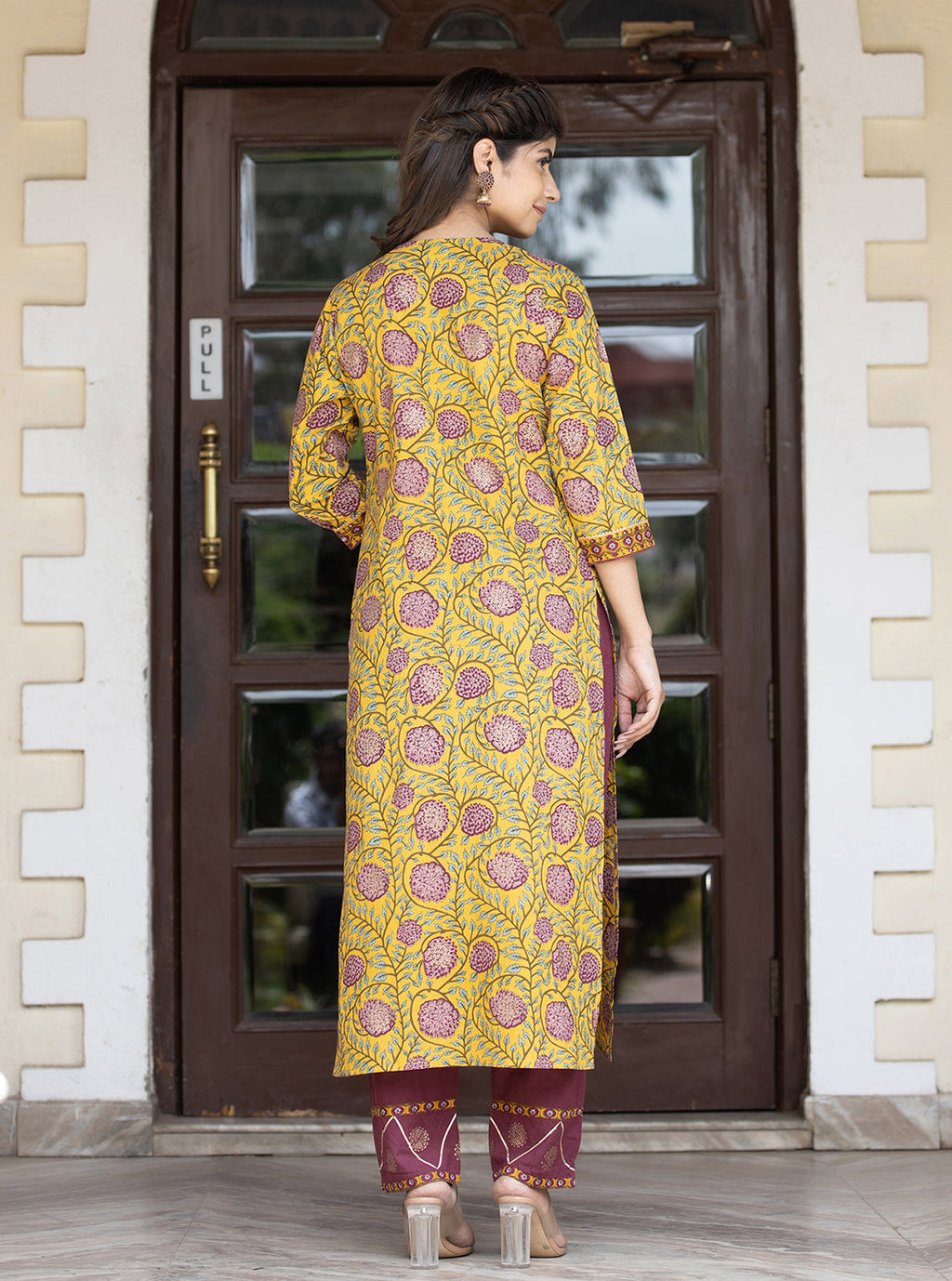 Kaajh Women's Yellow Purple Cotton Kurta Pant Set