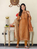 Kaajh Women's Mustard Yellow Chanderi Kurta Set With Trouser And Dupatta