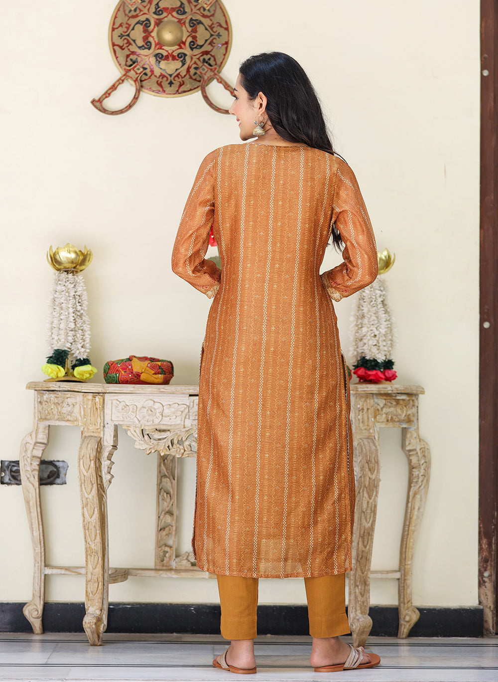 Kaajh Women's Mustard Yellow Chanderi Kurta Set With Trouser And Dupatta