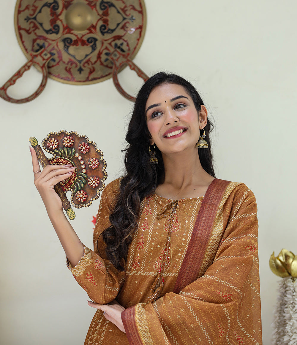 Kaajh Women's Mustard Yellow Chanderi Kurta Set With Trouser And Dupatta