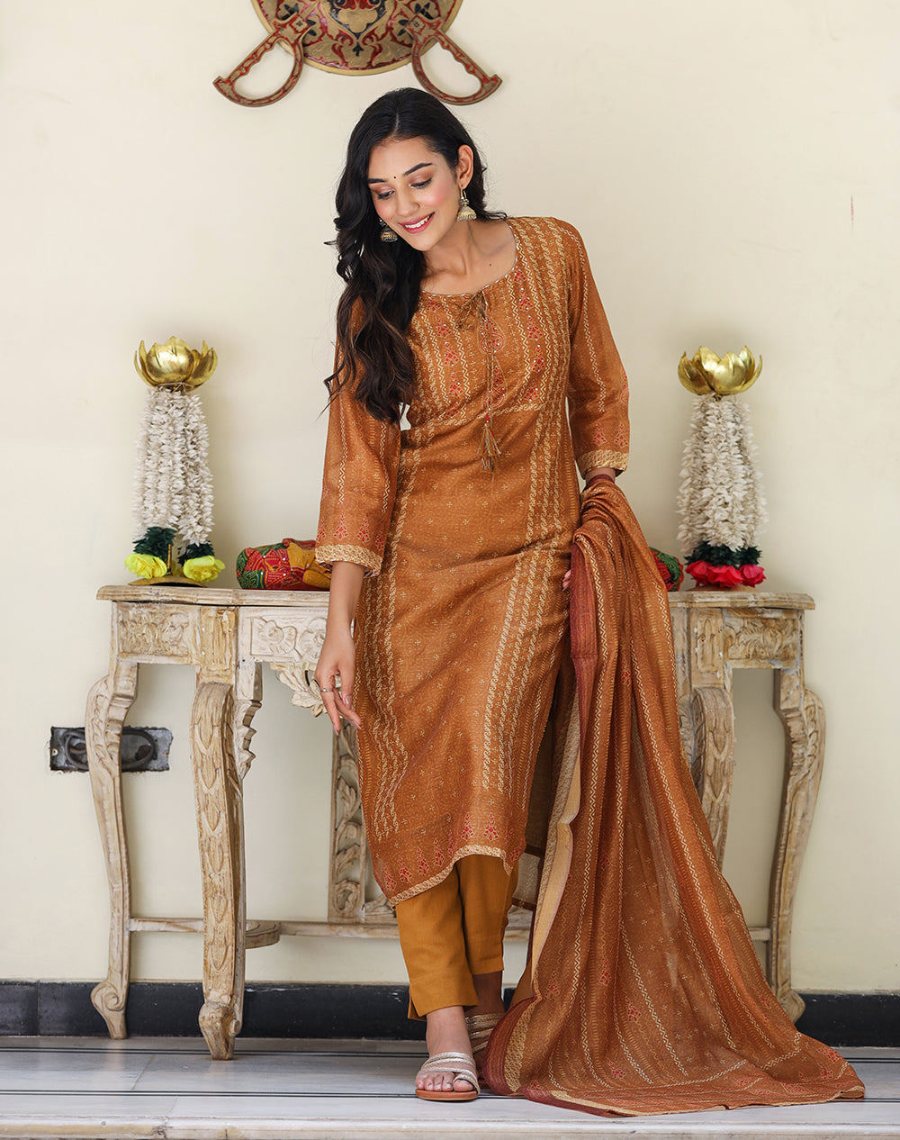 Kaajh Women's Mustard Yellow Chanderi Kurta Set With Trouser And Dupatta