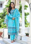 Kaajh Women's Sky Blue Ethnic Chanderi Kurta Set With Trouser And Dupatta
