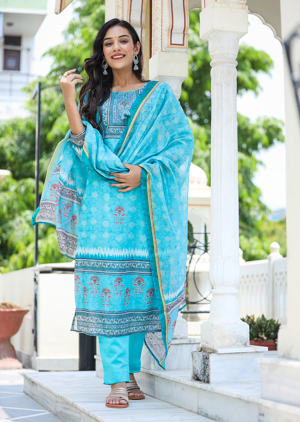 Kaajh Women's Sky Blue Ethnic Chanderi Kurta Set With Trouser And Dupatta