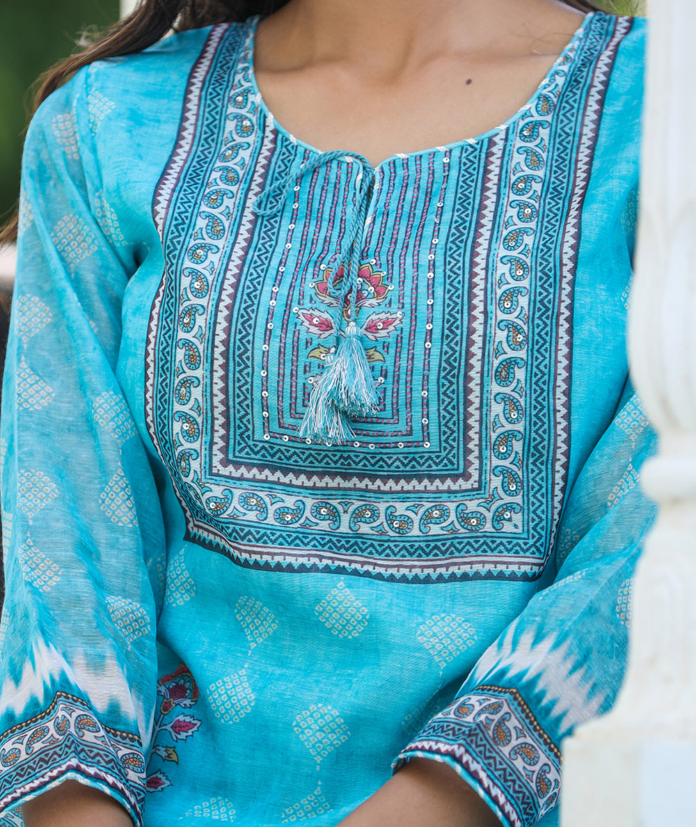 Kaajh Women's Sky Blue Ethnic Chanderi Kurta Set With Trouser And Dupatta
