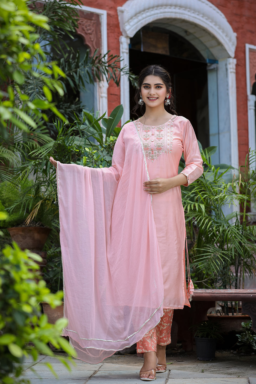 Kaajh Women's Pink Floral Modal Silk Suit Set
