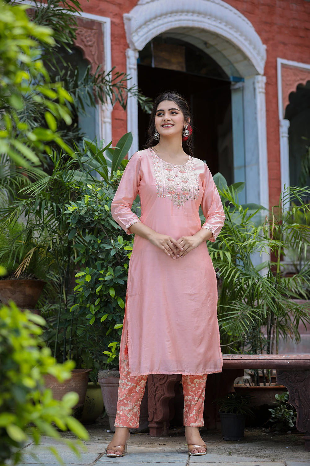 Kaajh Women's Pink Floral Modal Silk Suit Set