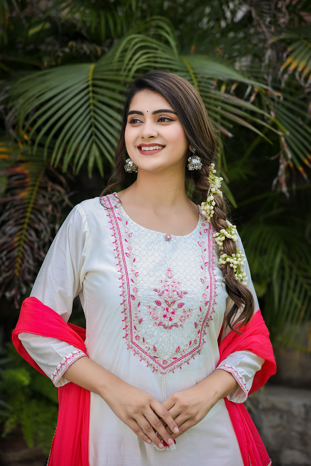 Kaajh Women's White-Pink Modal Silk Suit Set