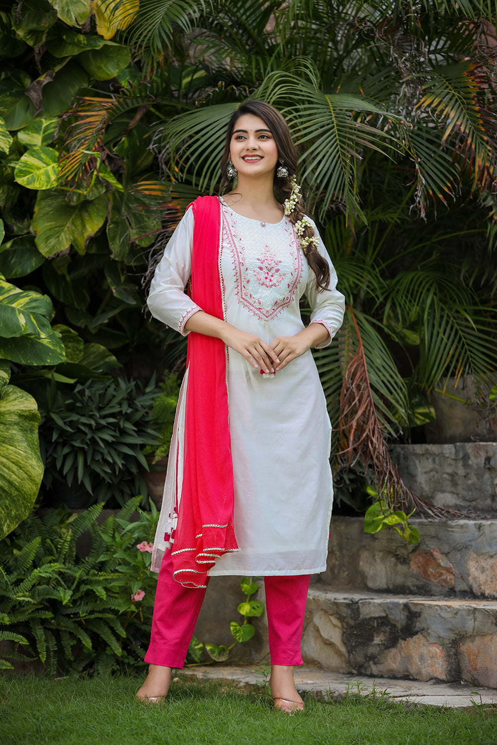 Kaajh Women's White-Pink Modal Silk Suit Set