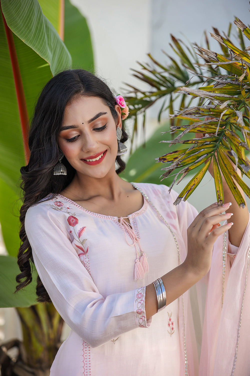 Kaajh Women's Peach Floral Modal Silk Suit Set
