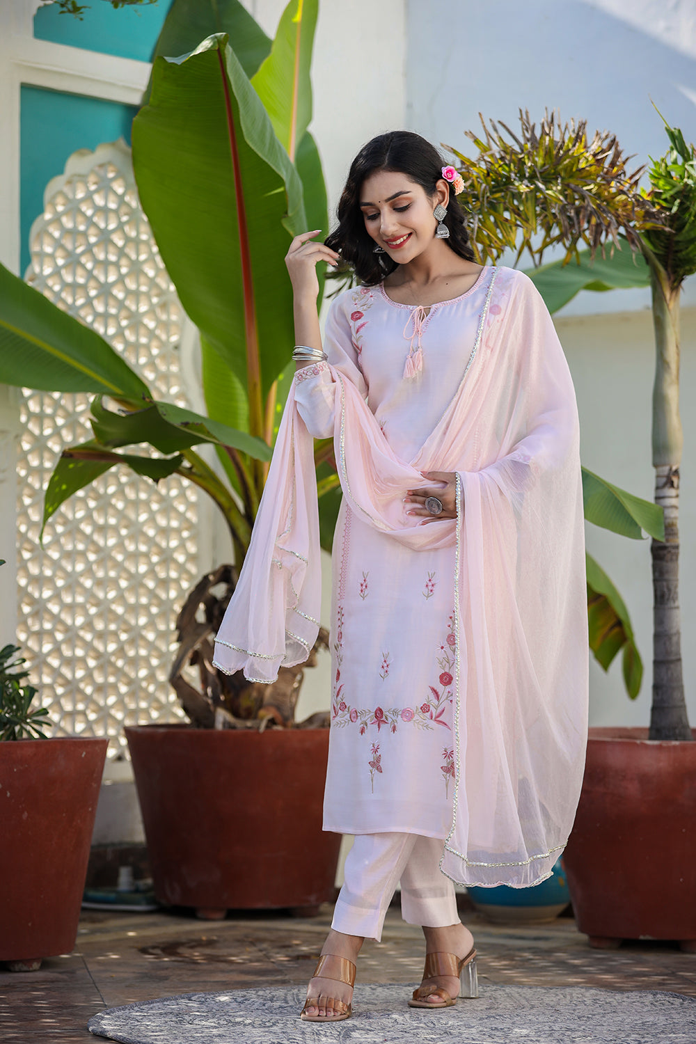 Kaajh Women's Peach Floral Modal Silk Suit Set