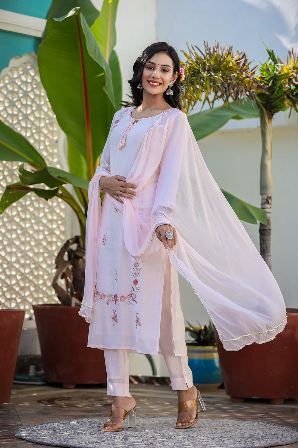 Kaajh Women's Peach Floral Modal Silk Suit Set
