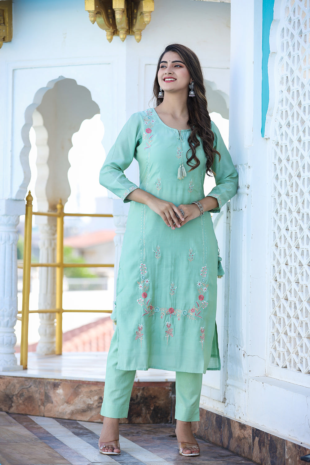 Kaajh Women's Green Floral Modal Silk Suit Set