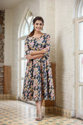 Kaajh Women's Navy Blue Floral Printed Cotton Ethnic Dress