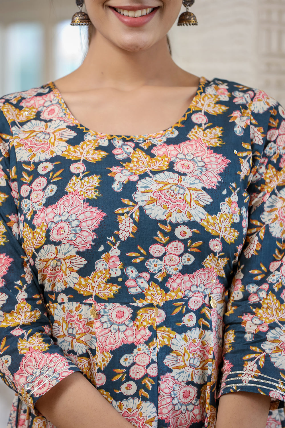 Kaajh Women's Navy Blue Floral Printed Cotton Ethnic Dress
