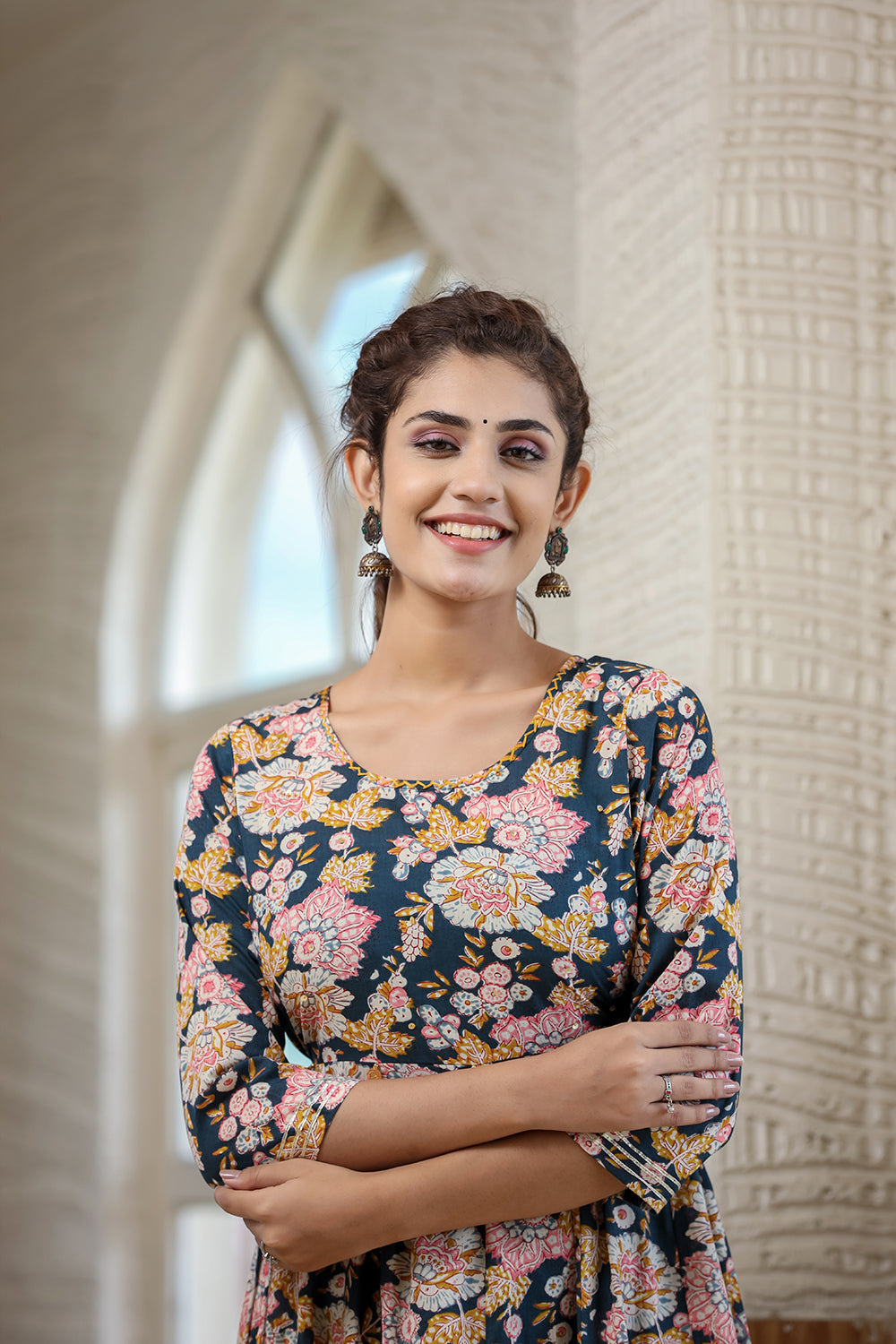 Kaajh Women's Navy Blue Floral Printed Cotton Ethnic Dress