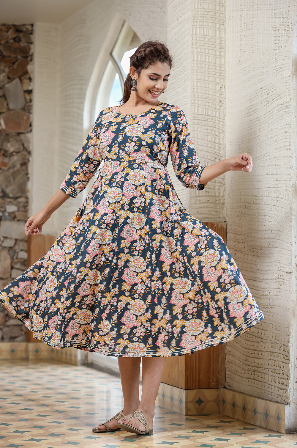 Kaajh Women's Navy Blue Floral Printed Cotton Ethnic Dress